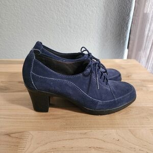 CLARKS "Honest Q" Blue Suede Laced Oxford Block Heels Shoes